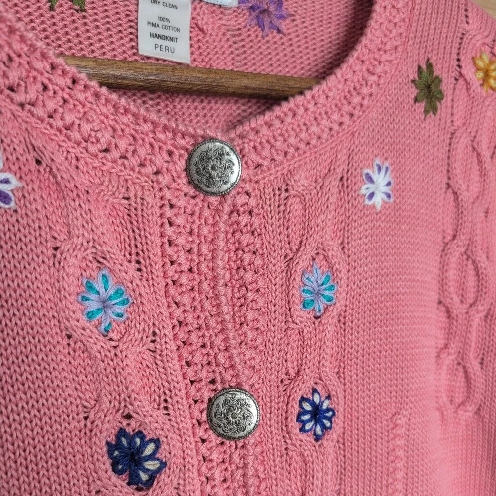 Vintage Caamano Pink Handknit Pima Cotton Floral Garden Cardigan Large‎ - Picture 2 of 10